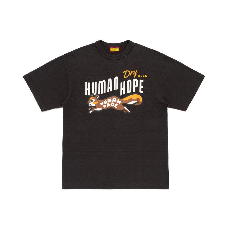 HUMAN HOPE GRAPHIC T-SHIRT XX31TE001のブラック。前面にリスとHUMAN HOPEの文字を配した通常版Tシャツ